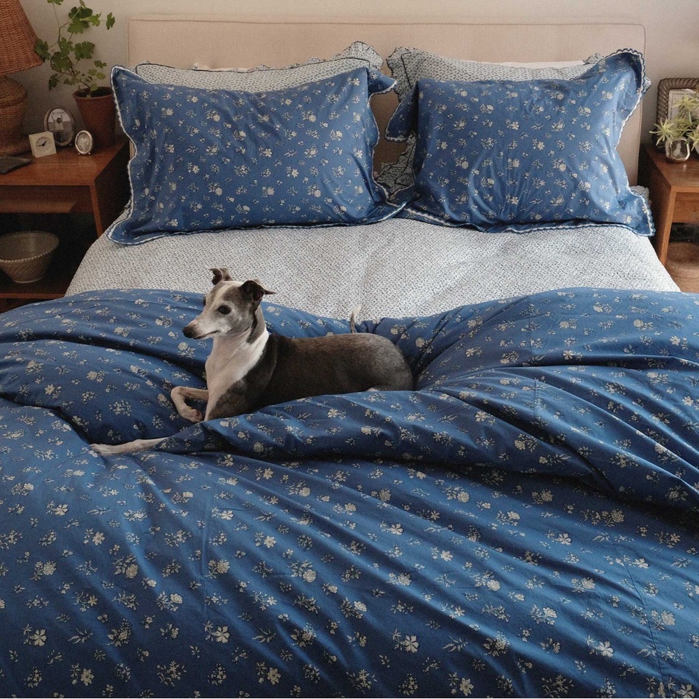 ISO DOEN pillow shams and duvet in blue bouton de rose